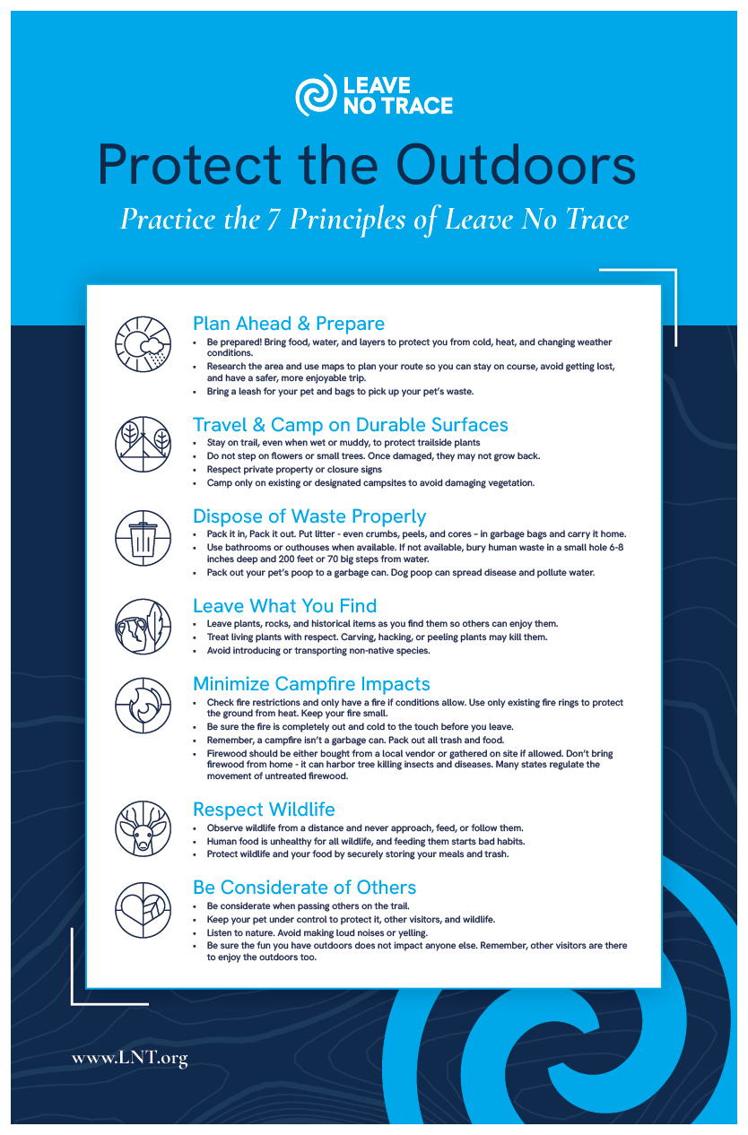 Leave No Trace 7 Principles poster on a blue background