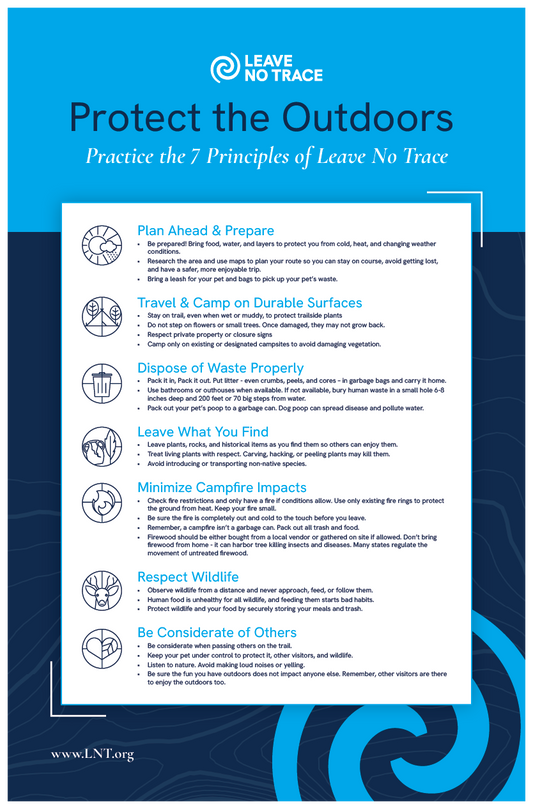 Leave No Trace 7 Principles poster on a blue background